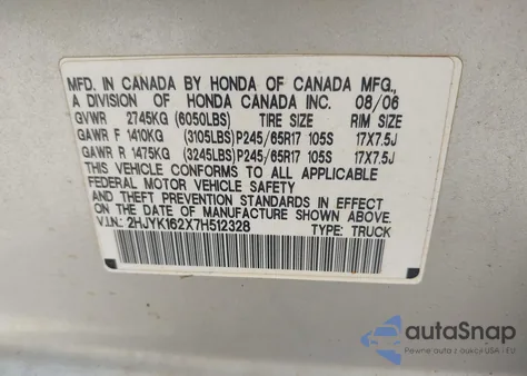 2007 Honda Ridgeline Rt from USA, damaged, VIN 2HJYK162X7H512328